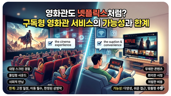영화관과 집안의 거실이 반으로 나뉘어 대비되는 일러스트 이미지입니다. 왼쪽은 대형 스크린과 몰입감 있는 사운드를 즐기는 영화관 관객들의 모습이, 오른쪽은 태블릿과 TV로 넷플릭스를 편안하게 시청하는 사람의 모습이 그려져 있습니다. 이미지 중앙 상단에는 "영화관도 넷플릭스처럼? 구독형 영화관 서비스의 가능성과 한계"라는 텍스트가 강조되어 있다.