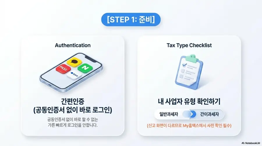홈택스 부가세 신고 준비 단계 안내 이미지. 왼쪽에는 카카오 네이버 패스 토스 등 간편인증으로 공동인증서 없이 바로 로그인하는 방법을 안내하고 오른쪽에는 일반과세자와 간이과세자 중 내 사업자 유형을 마이홈택스에서 사전 확인해야 한다는 내용을 설명함 