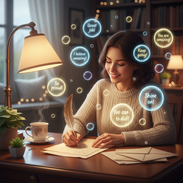 포근한 책상에 앉아 진심이 담긴 편지를 쓰는 사람, 주변에는 '수고했어', '최고야' 같은 긍정적인 말들이 떠다니는 모습