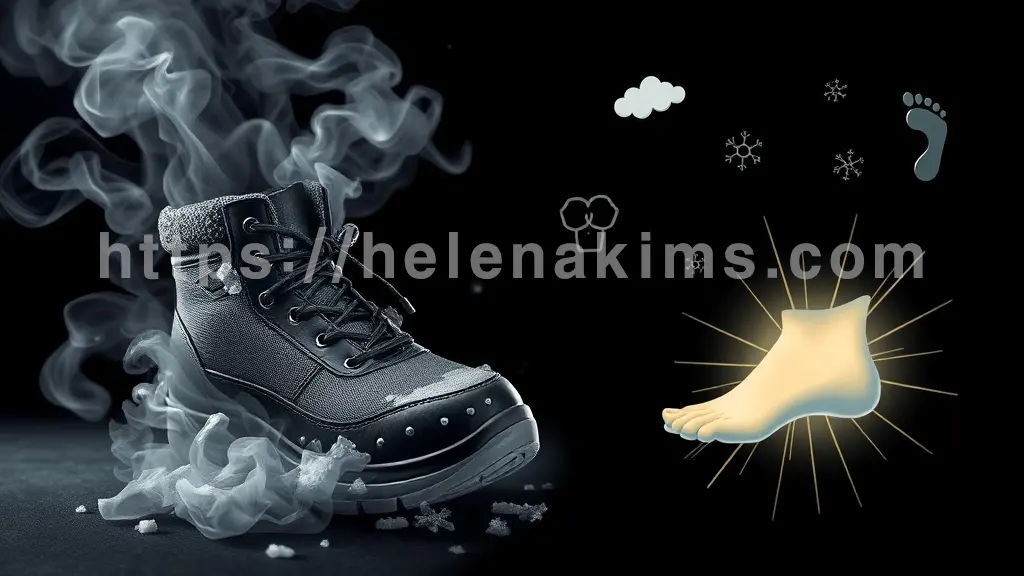 어둡고 축축한 겨울 신발 속에 갇혀 땀으로 얼룩진 발, 발 주위로 불쾌한 냄새를 상징하는 추상적인 회색 연기가 피어오르고, 동상과 무좀을 암시하는 얼음 결정 및 곰팡이 아이콘이 희미하게 보인다.