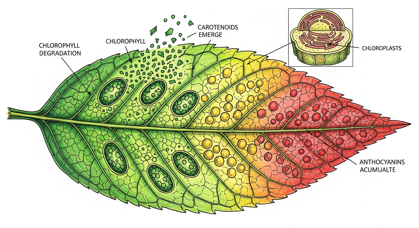 엽록소 분해와 색소 변화 과학 일러스트