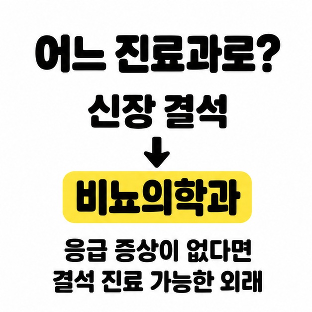 신장 결석에서 비뇨의학과로 이어지는 화살표와 응급 증상이 없다면 결석 진료 가능한 외래를 찾으라는 안내