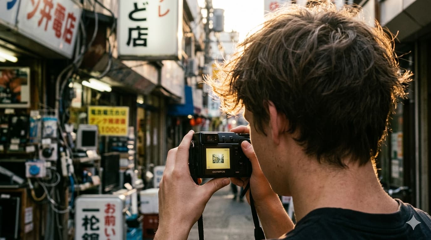 오사카 덴덴타운 골목에서 햇살을 받으며 빈티지 올림푸스 카메라의 뒷면 LCD 화면을 확인하고 있는 감성적인 뒷모습과 레트로한 분위기 연출.