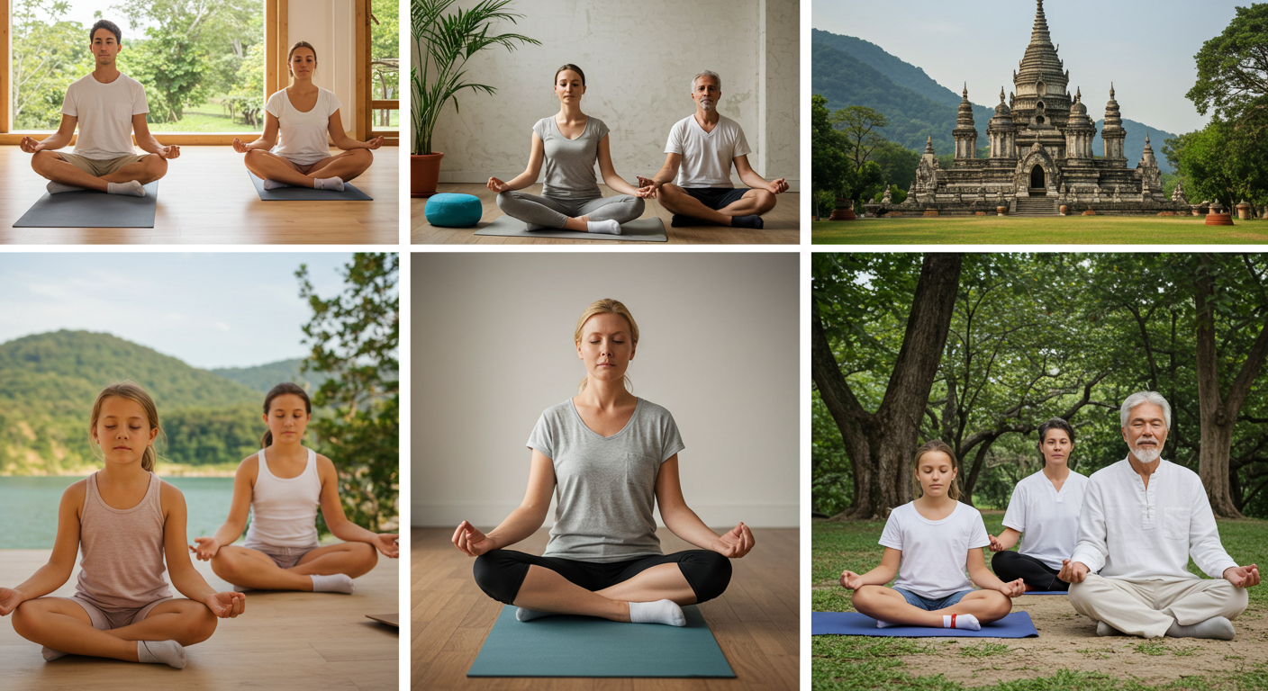 평화로운 명상 공간 또는 명상하는 다양한 연령대 사람들