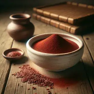 나무 바닥 위에 흩어져 있는 발효된 붉은 쌀알들 옆에 놓인 흰색 그릇을 가득 채운 붉은 누룩.