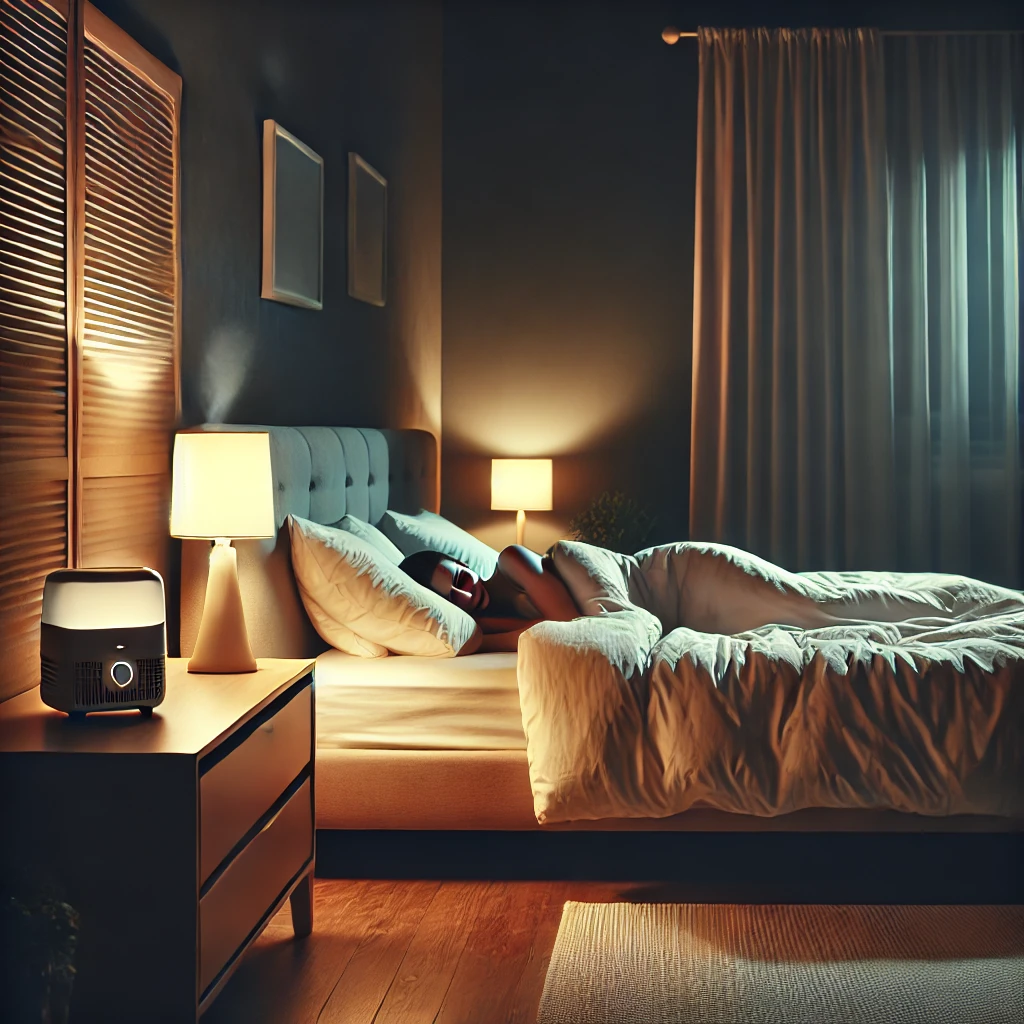 침대위에서 옆으로 누워 잠을 자고 있는 사람