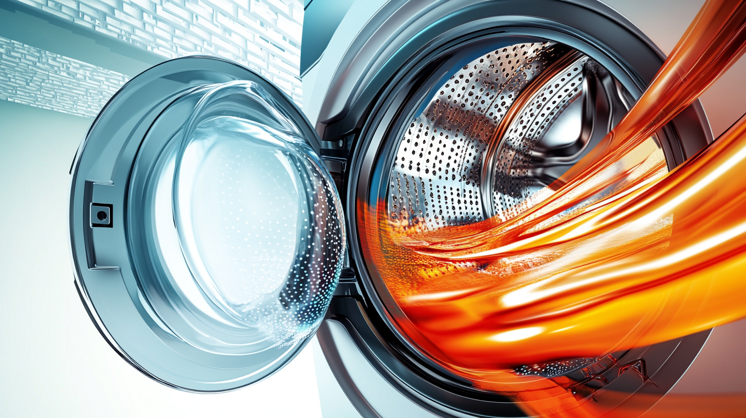 스핀 사이클 중 소음 감소 기술이 적용된 세탁기 일러스트, 혁신적인 기능을 강조하는 밝고 컬러풀한 그래픽 이미지