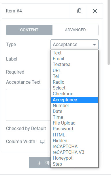 엘리멘터 폼 개인정보 및 이용약관 동의 필드 선택하기