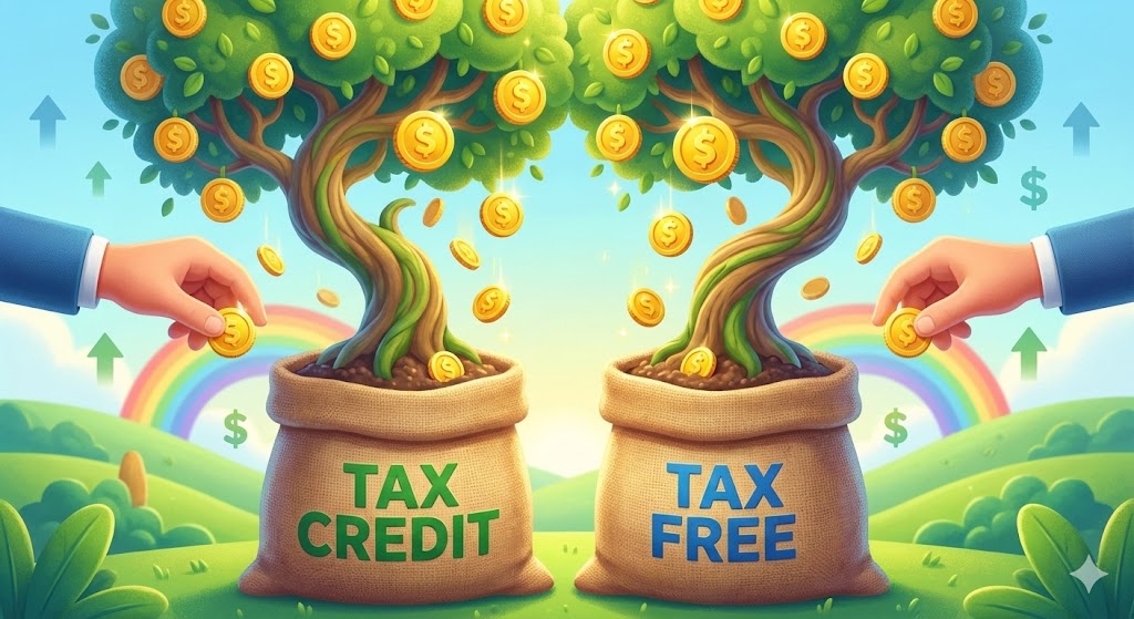 연금 주머니에 동전을 넣는 모습. 주머니에는 '세액공제', '비과세'라는 라벨이 붙어 있고, 넣은 돈보다 더 큰 돈나무가 자라나는 이미지