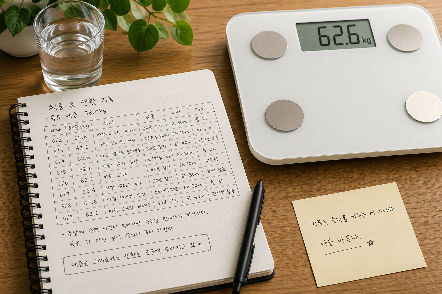 체중이 줄지 않아도 기록을 멈추지 않았던 이유
체중 관리 기록 노트와 체중계 62.6kg