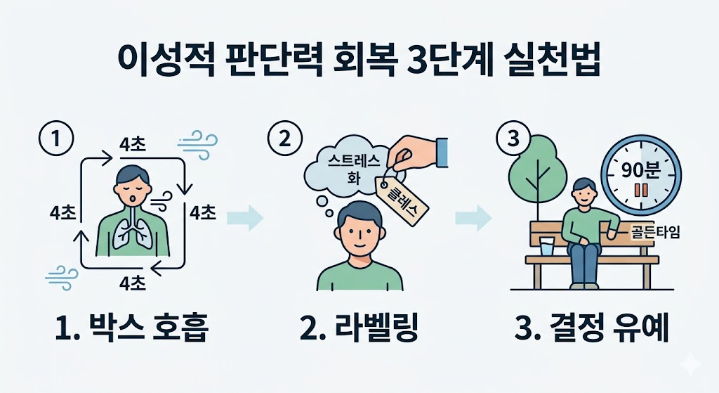 이 이미지는 이성적 판단력을 회복하는 3단계 과정을 단계별 아이콘으로 묘사합니다. 1단계는 4초간의 박스 호흡법, 2단계는 감정에 이름을 붙이는 라벨링 과정, 3단계는 90분의 골든타임을 지키며 결정을 유예하고 휴식하는 모습을 정갈한 플랫 디자인으로 구성하여 실천적인 회복 전략을 명확히 전달합니다.