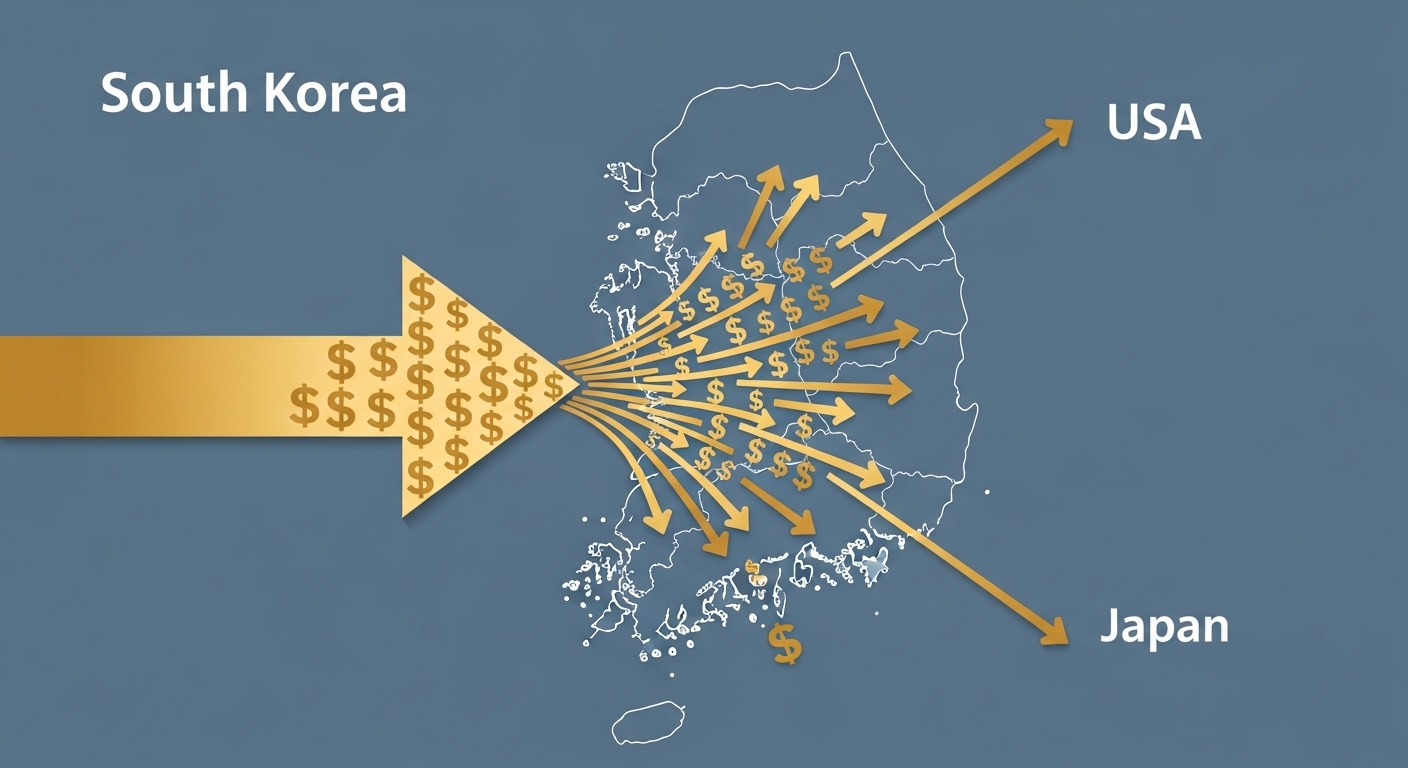 한국으로 들어오는 달러 뭉치들이 곧바로 해외 투자라는 통로를 통해 다시 빠져나가는 모습을 형상화한 그래픽