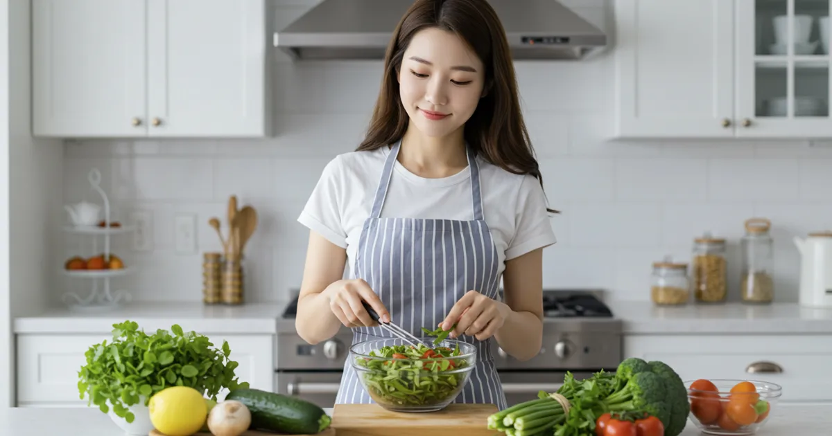 샐러드를 만들고 있는 여자 이미지