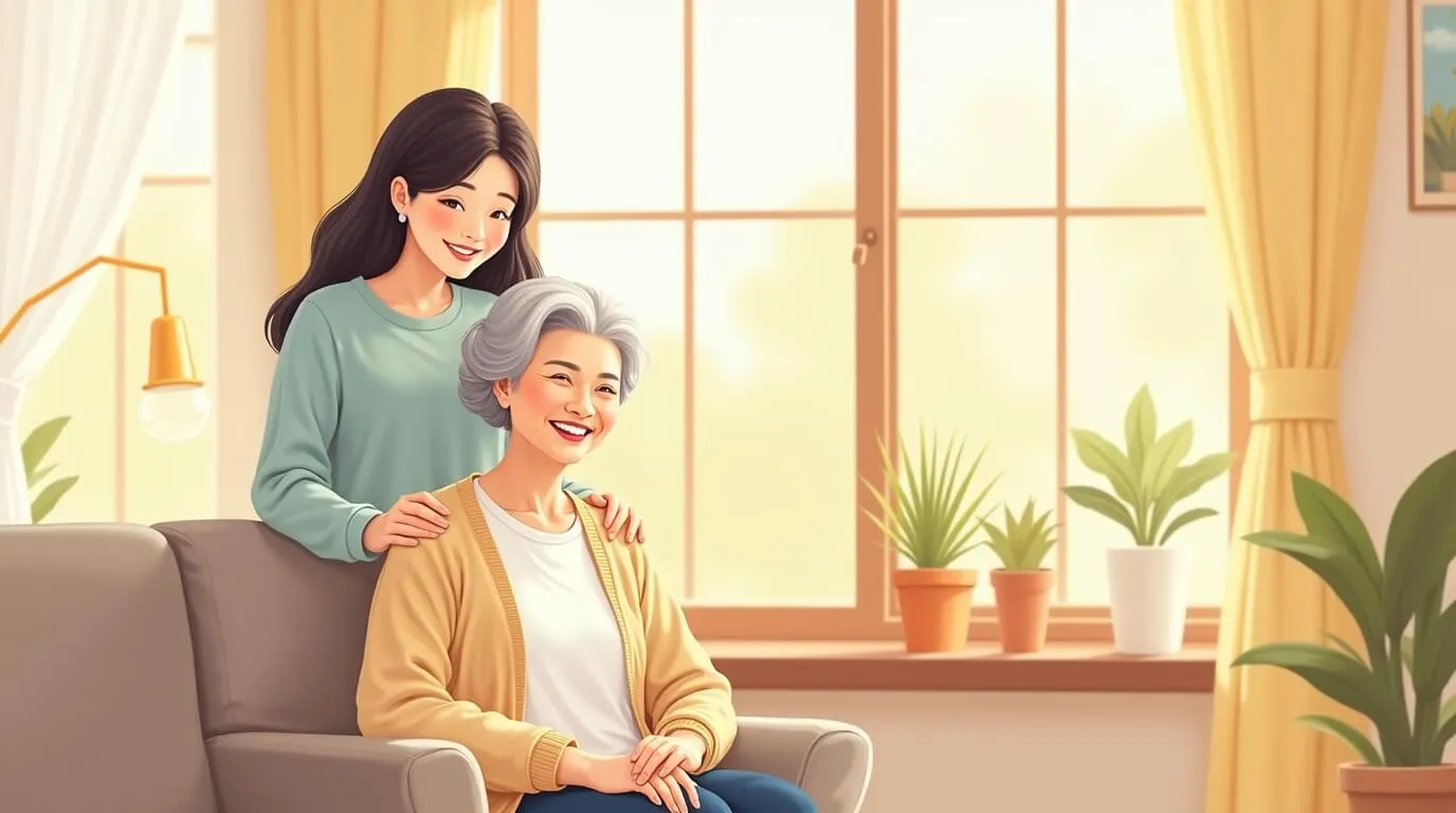 노인장기요양보험 신청 가이드 대표 이미지. 밝은 거실에서 미소 짓는 할머니와 성인 딸이 함께 있는 따뜻한 2D 일러스트. 창문으로 들어오는 햇빛과 화분 식물이 있는 평화로운 분위기로 재가급여와 가족 돌봄의 긍정적 메시지를 전달함