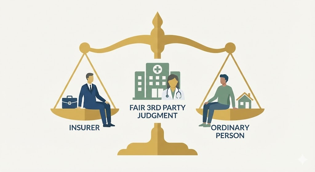 저울 위에 보험사와 가입자가 평등하게 서 있는 모습, 제3의 병원이 중재하는 이미지