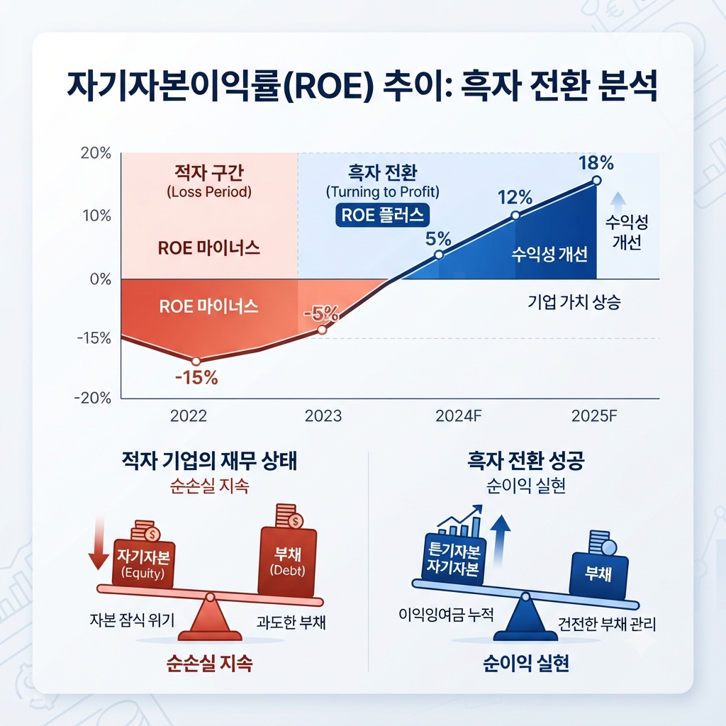 ROE 마이너스와 적자 기업의 재무상태를 분석하는 주식 투자 개념 이미지