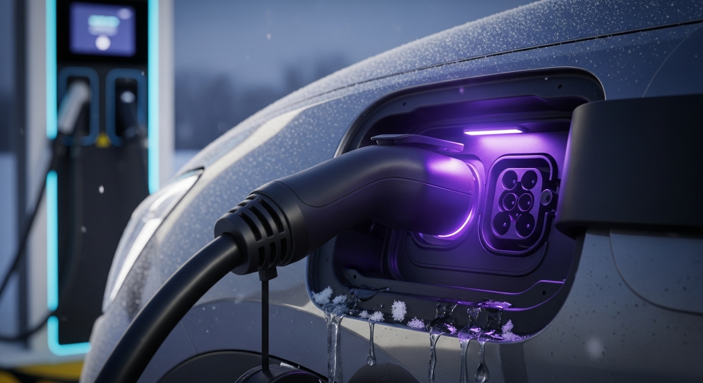 겨울철 전기차 충전 포트에 연결되어 예열 충전 중인 모습