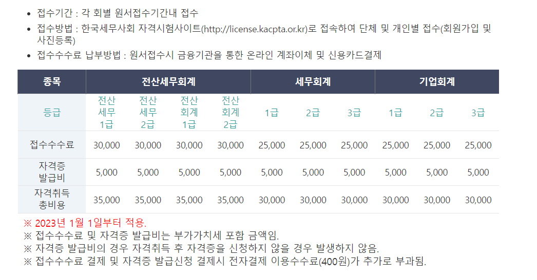 전산세무회계자격 시험 원서 접수 비용