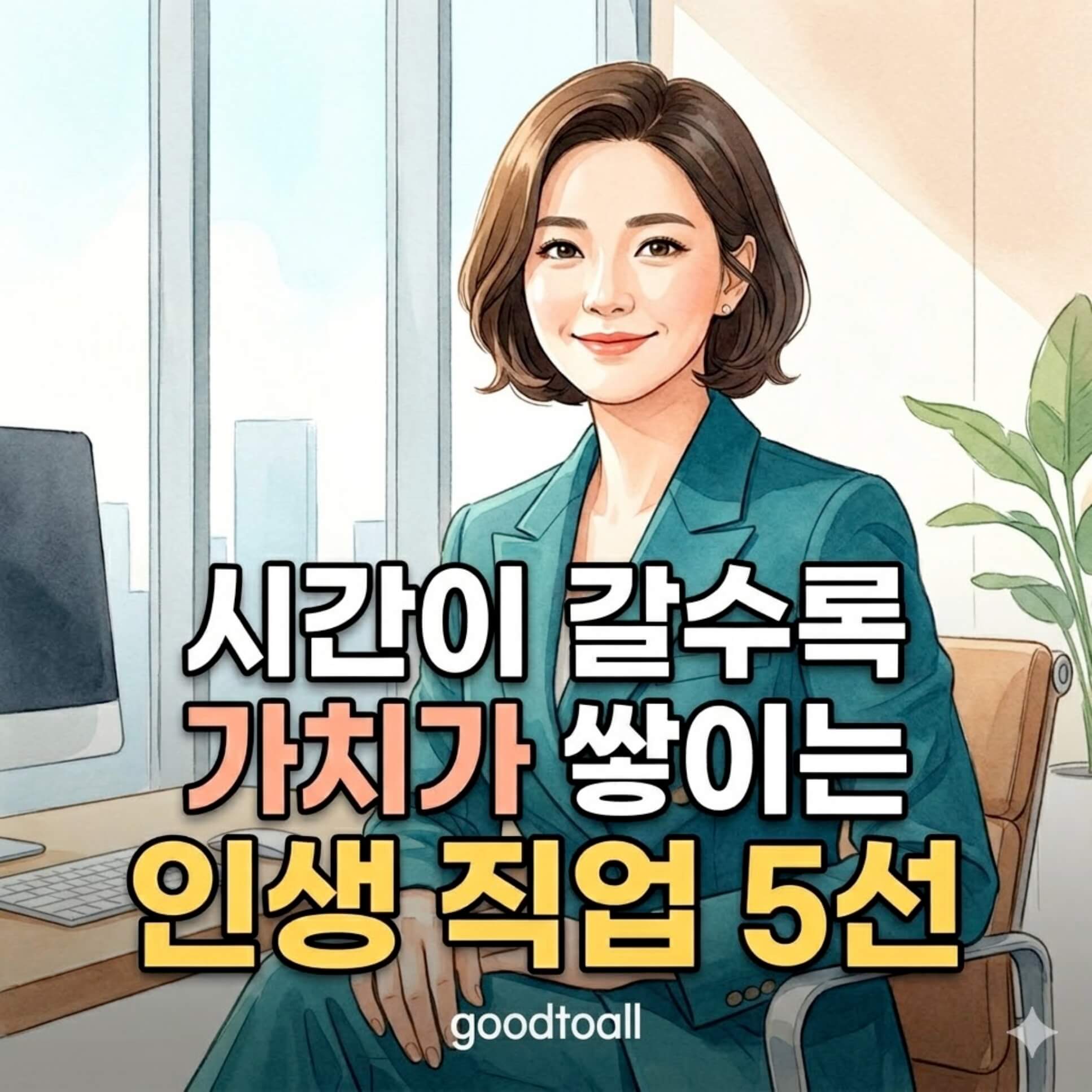 블로그 'good'에서 제안하는 가치 있는 여성 전문직 5선 썸네일입니다. 신뢰감 있는 여성 전문가 일러스트를 배경으로 시간이 흐를수록 전문성이 쌓이는 유망 직종 정보를 소개합니다.