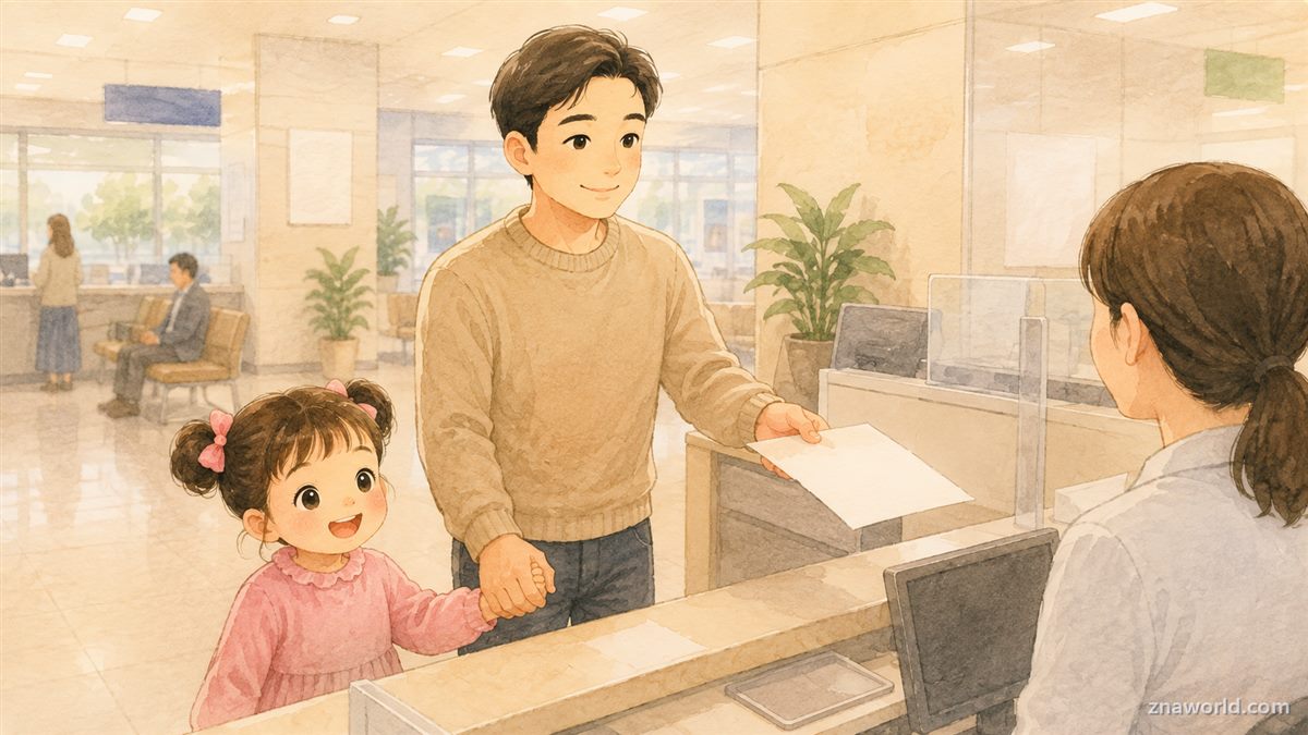 주민센터에서 전입신고를 하는 아빠와 아이