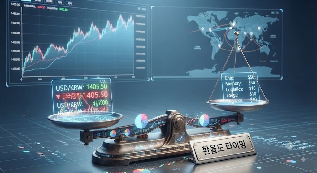 환율도 타이밍 문구와 USD/KRW 환율 지표, 금융 차트 및 저울을 나타내는 환율 경제 정보 대표 이미지