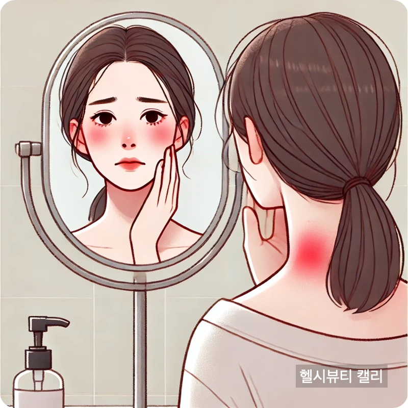 거울을 보며 얼굴과 목에 생긴 홍조와 자극 부위를 확인하는 여성