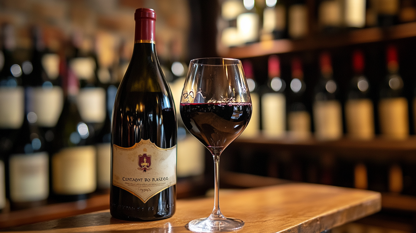 샤토뇌프 뒤 파프(Châteauneuf-du-Pape) 레드와인병과 와인이 담긴잔