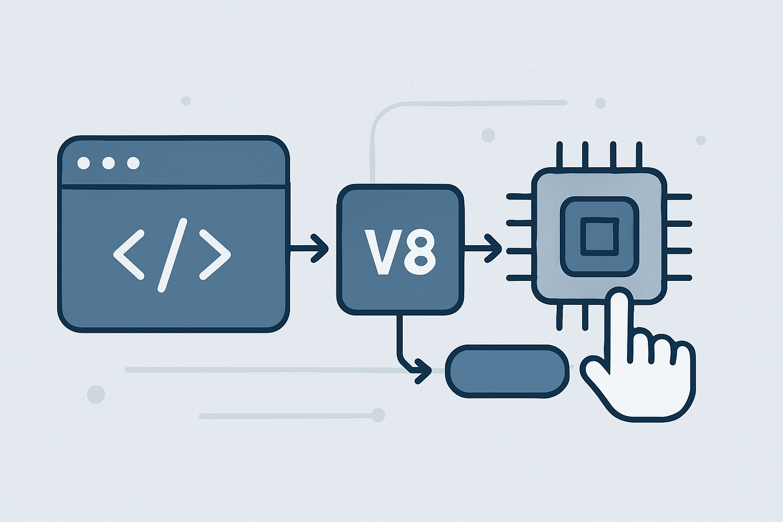 자바스크립트 코드가 엔진을 거쳐 실행되는 추상적 데이터 흐름을 표현한 감성 일러스트