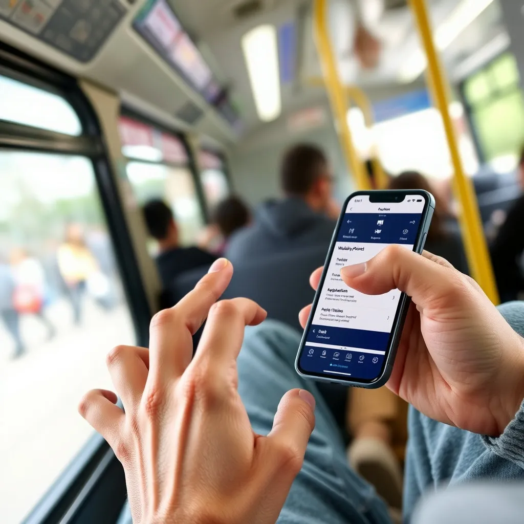 한 손에 스마트폰을 들고 맞춤형복지포털 앱 화면을 보고 있는 사람의 모습입니다. 버스 안, 카페 등 일상적인 공간에서 편안하게 앱을 사용하는 모습을 연출합니다. 앱 화면에는 주요 기능(예: 복지포인트 조회, 신청)이 표시됩니다.