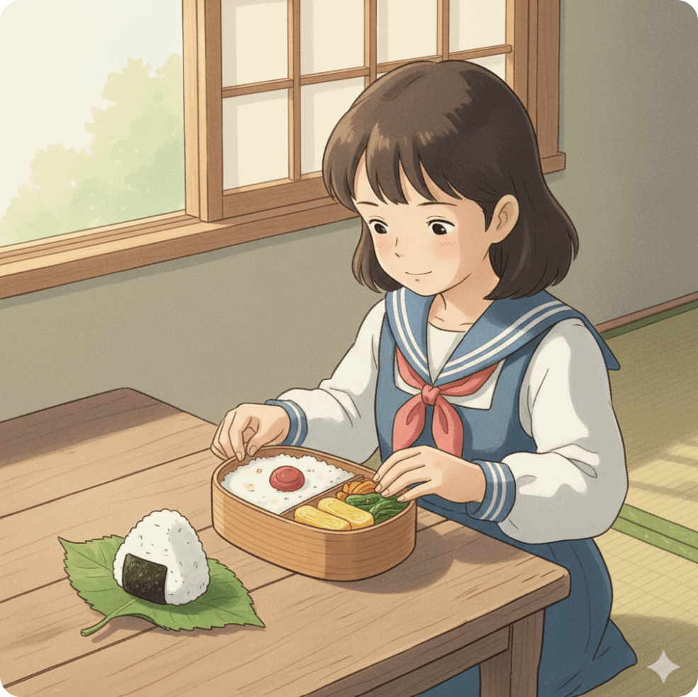 alt="일본 전통 도시락을 준비하는 소녀와 오니기리가 있는 따뜻한 식탁, 1950년대 농촌 가정 분위기의 일러스트"