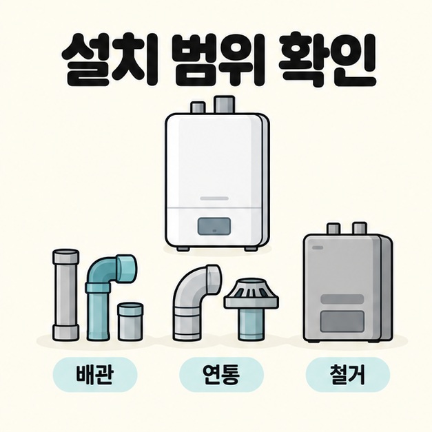 설치 범위 확인이라는 제목 아래 보일러와 배관 부품, 연통 부품, 철거할 보일러를 각각 표시한 이미지