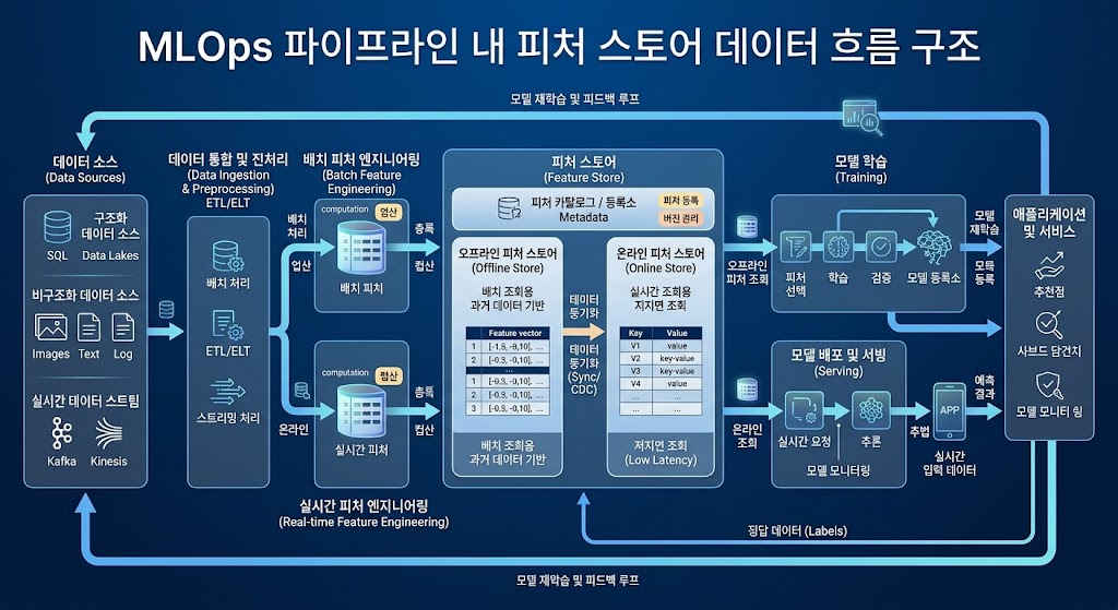 오프라인 스토어와 온라인 스토어를 분리하되 중앙집중식으로 관리하여 학습-서빙 왜곡(Training-Serving Skew)을 방지합니다.