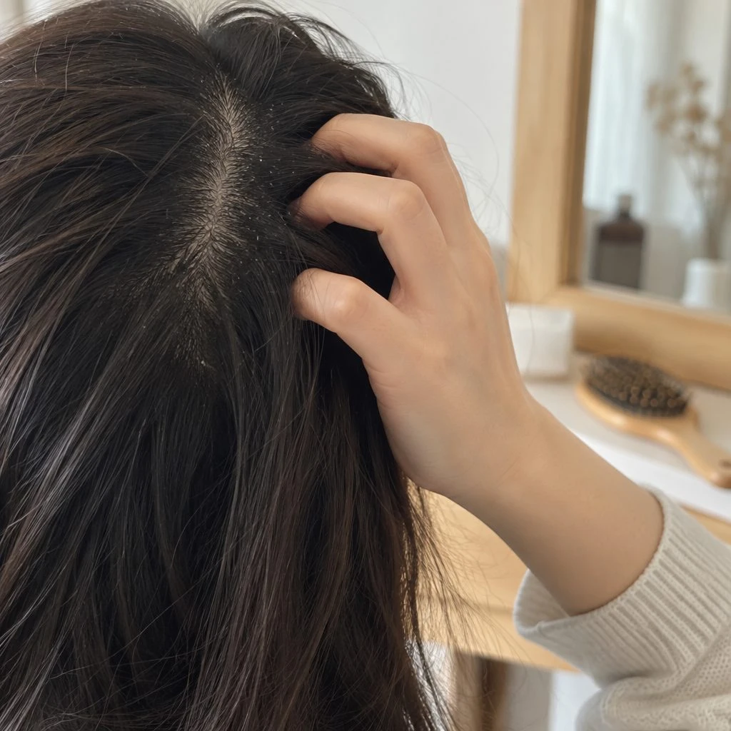 가르마 주변 두피에 하얀 각질이 보이고 가려워서 정수리를 긁는 모습
