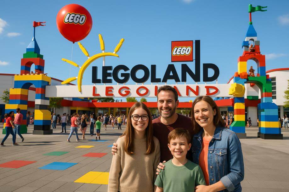 레고랜드 입구에서 가족과 성인 팬이 함께 사진을 찍는 장면.