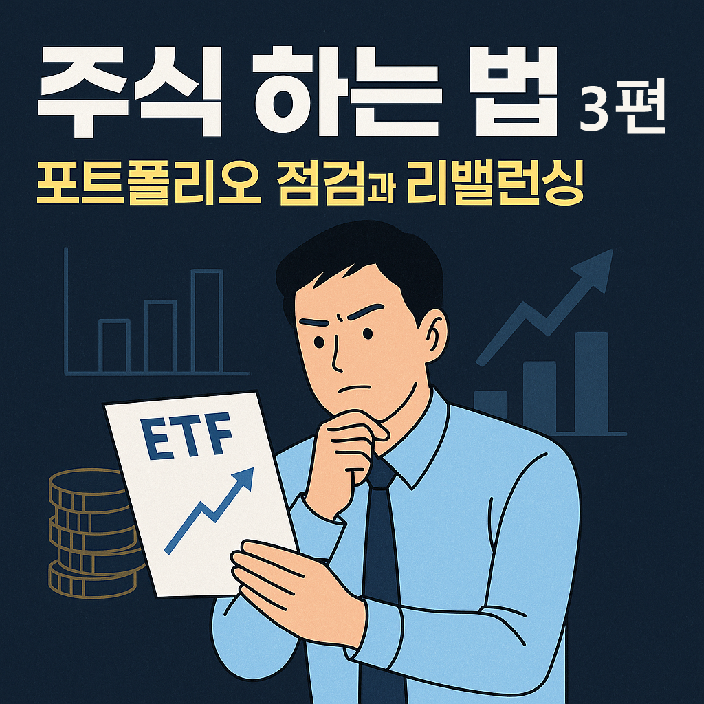 '주식 하는 법 3편 &ndash; 포트폴리오 점검과 리밸런싱'이라는 문구가 강조된 정사각형 썸네일 이미지. 어두운 배경 위에 한 남성이 차분하게 투자 정보를 분석하는 모습의 디지털 일러스트.