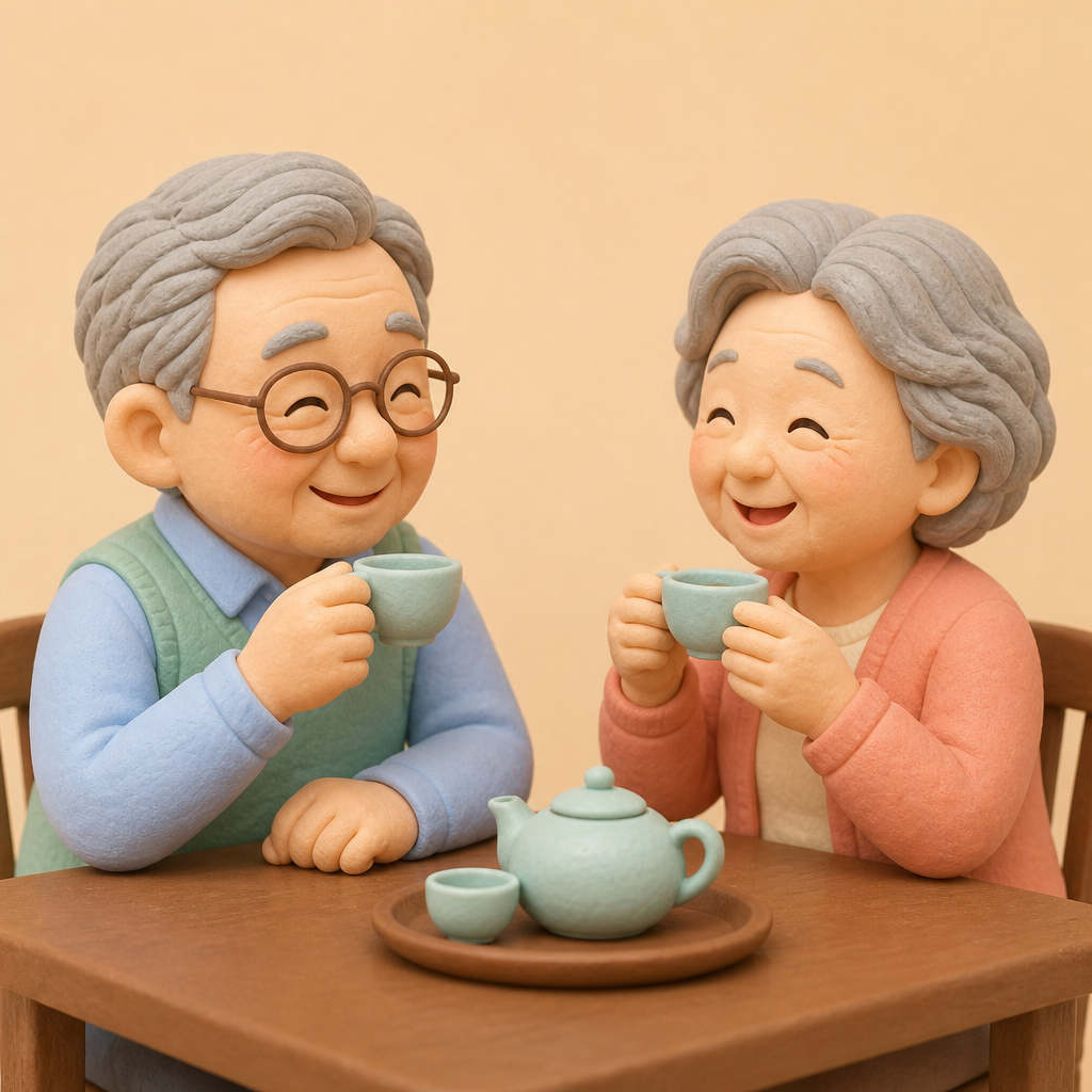 저녁 식탁에서 노부부가 마주 앉아 차를 마시는 모습