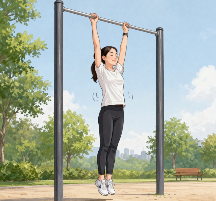 철봉에 매달려 스트레칭 하는 사진