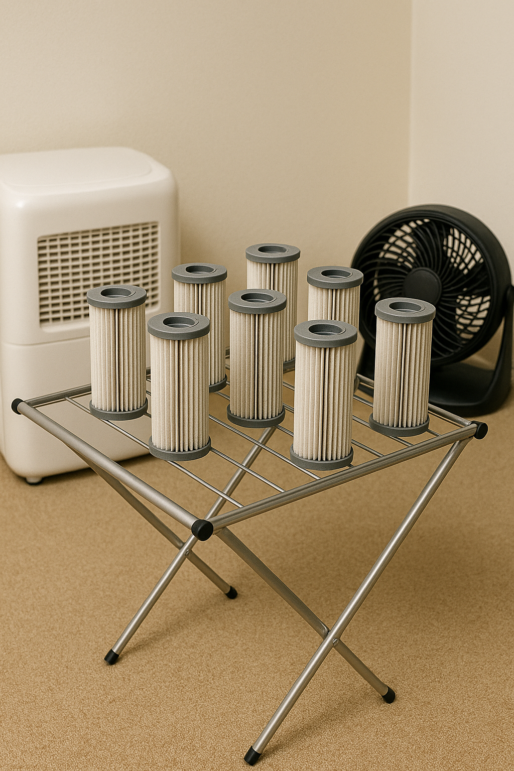 실내 건조대에 옷을 간격을 두고 널고, 옆에 제습기와 서큘레이터로 바람을 보내는 장면