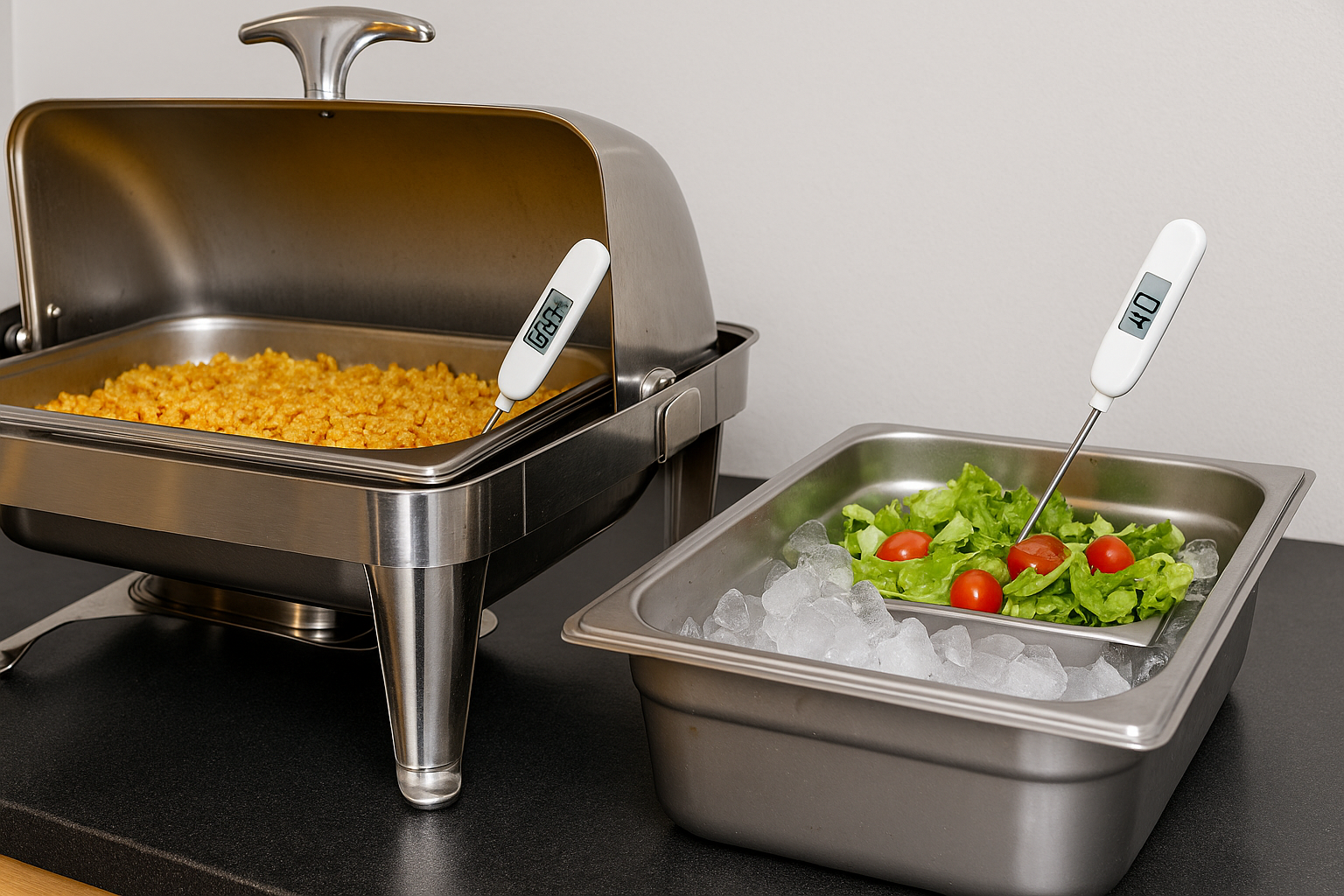 치핑디시에 60.3℃ 표시, 아이스바스 샐러드에 4.0℃ 표시 온도계