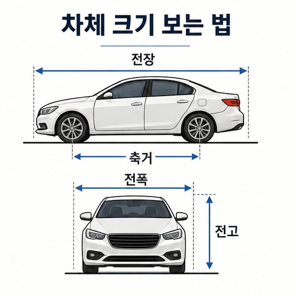 자동차의 전장과 전폭, 전고, 축거 위치를 화살표로 보여 주는 제원 설명 이미지