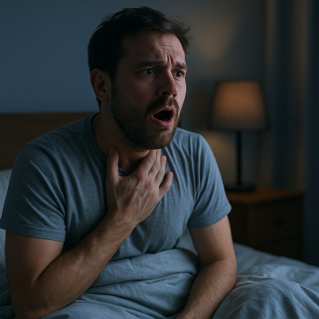 자다가 역류성 식도염 때문에 깨어 목을 잡고 아파하는 모습 이미지