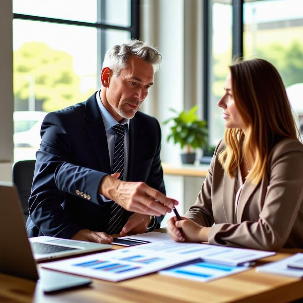재정 상담: 재정 상담사와 고객이 대화하는 장면. 상담사가 보험 상품에 대해 설명하는 모습.