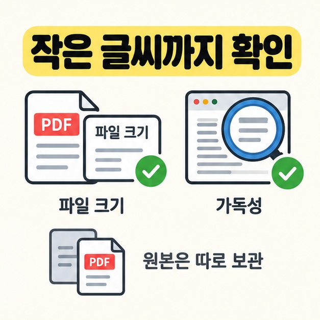 파일 크기와 가독성을 체크 표시로 확인하고 확대된 글씨와 원본을 따로 보관하는 문서를 보여주는 그림