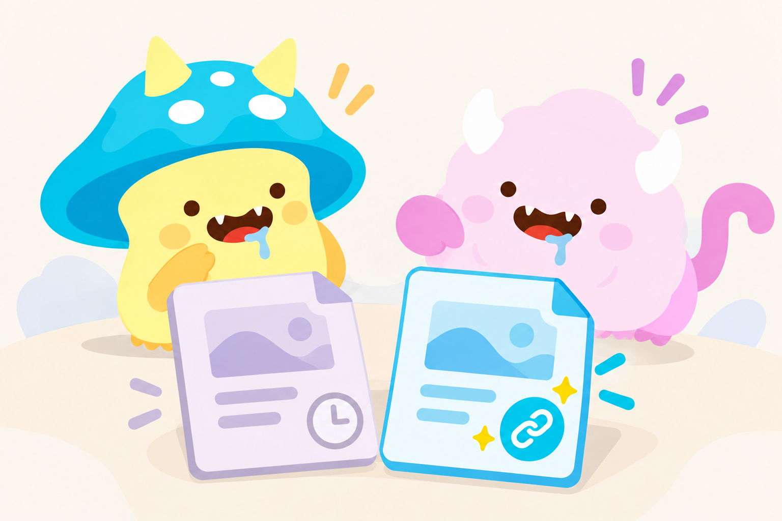 Bode et ShuShu devant deux documents illustrés, avec une horloge à gauche et un symbole de lien à droite.