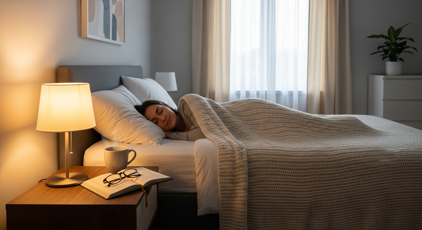 따뜻하고 아늑한 침실에서 평화롭게 잠든 사람, 충분한 수면의 중요성을 강조함