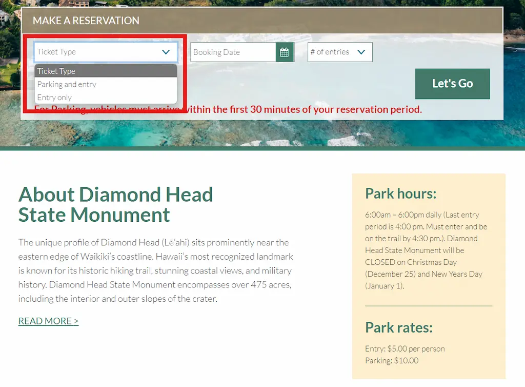 다이아몬드 헤드 공식홈페이지 티켓타입 선택화면