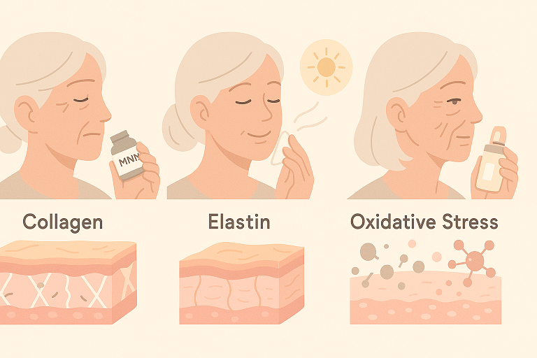 피부 노화의 메커니즘 (콜라겐, 엘라스틴, 산화) 이미지