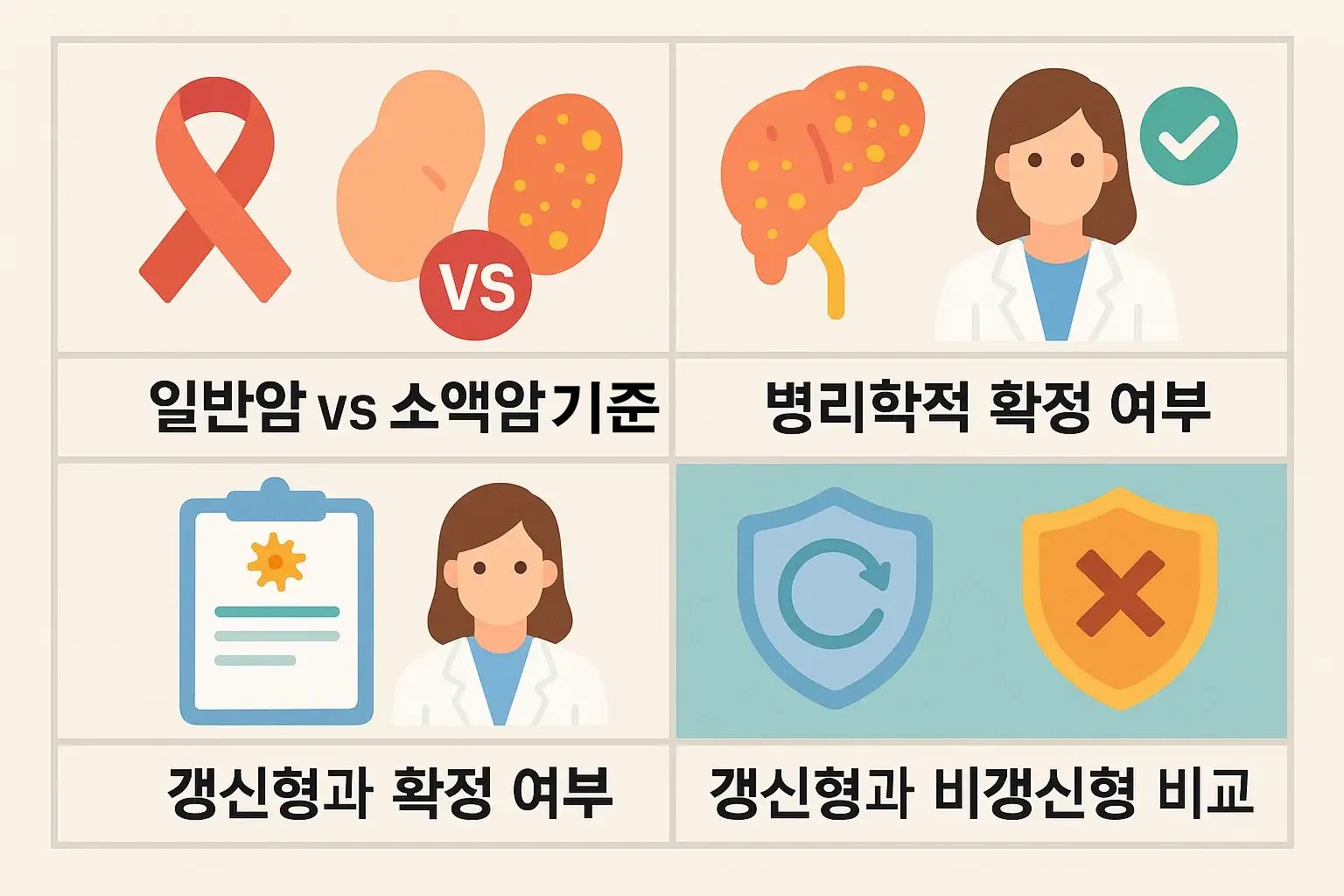 일반암과 소액암 구분 기준, 병리학적 확정 여부, 갱신형과 비갱신형 보장 차이까지 정리한 암보험 진단금 핵심 요약표.