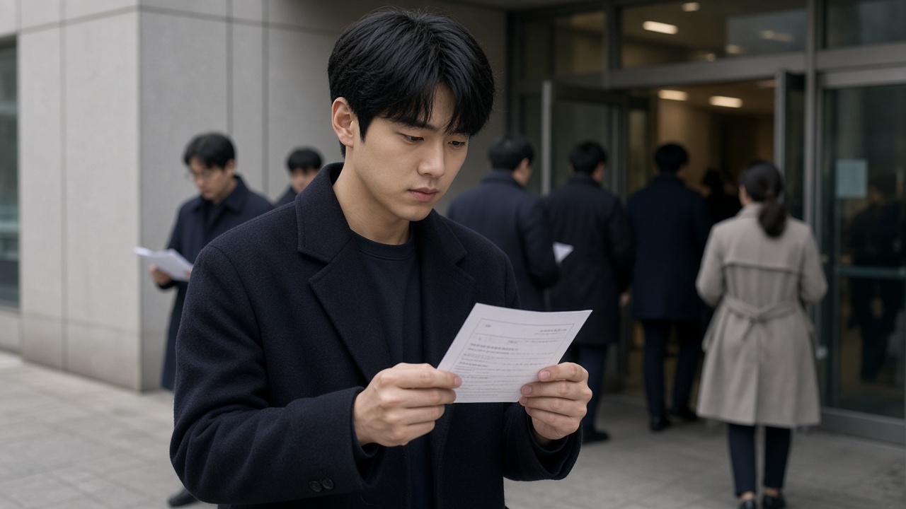 시험장 건물 앞에서 수험표를 확인하는 20대 한국인 남성