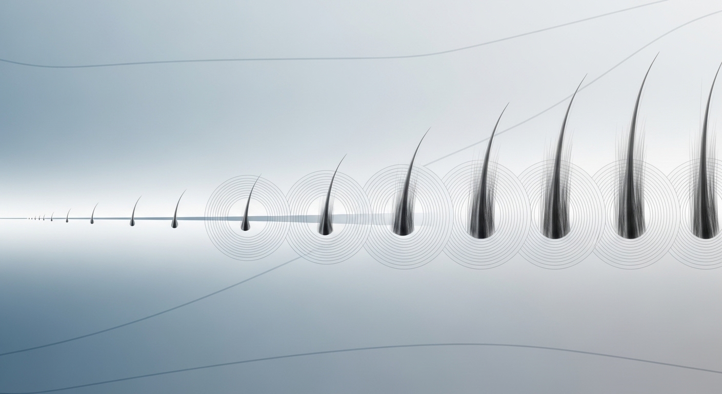 점점 더 두껍고 길게 자라나는 모발의 추상적인 시간표 이미지. 여성탈모 치료의 꾸준한 노력과 점진적인 효과를 나타냅니다.